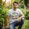 Model Wearing Let's Get Gardening T-shirt Bella+Canvas 3001 With Black Text